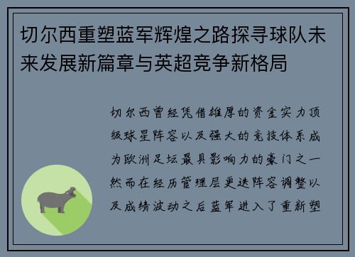 切尔西重塑蓝军辉煌之路探寻球队未来发展新篇章与英超竞争新格局 切尔西重塑蓝军辉煌之路探寻球队未来发展新篇章与英超竞争新格局